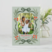 Watercolor Greenery Bow Merry Christmas Photo シーズンカード (スタンド正面)