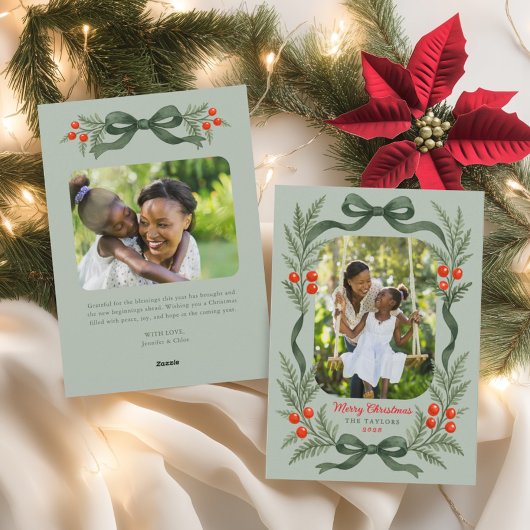 Watercolor Greenery Bow Merry Christmas Photo シーズンカード