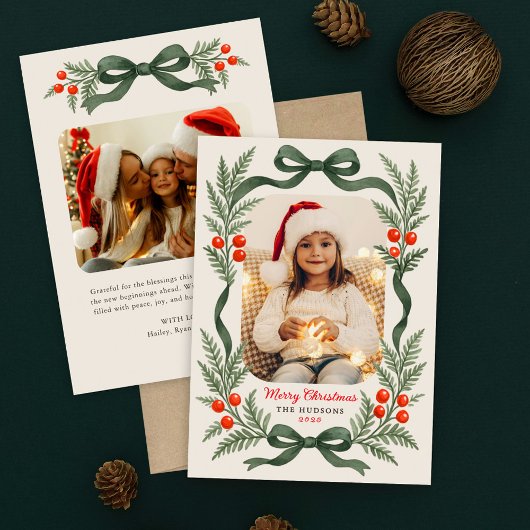 Watercolor Greenery Bow Merry Christmas Photo シーズンカード