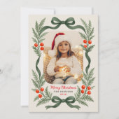 Watercolor Greenery Bow Merry Christmas Photo シーズンカード (正面)