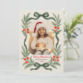 Watercolor Greenery Bow Merry Christmas Photo シーズンカード (スタンド正面)