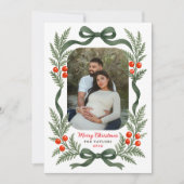 Watercolor Greenery Bow Merry Christmas Photo シーズンカード (正面)