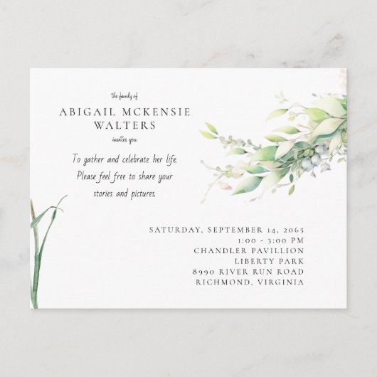 Watercolor Greenery Celebration of Life ポストカード (正面)