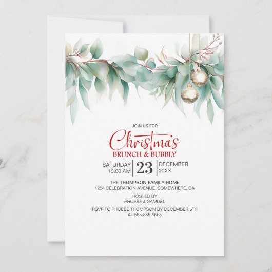 Watercolor Greenery Christmas Brunch 招待状 (正面)