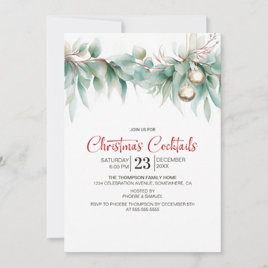Watercolor Greenery Christmas Cocktails 招待状 (正面)