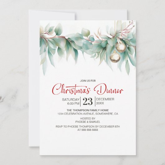 Watercolor Greenery Christmas Dinner 招待状 (正面)