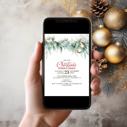 Watercolor Greenery Christmas Dinner and Drinks 招待状