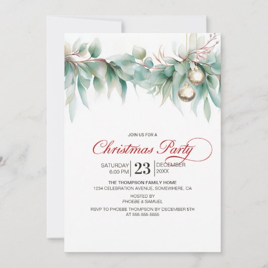 Watercolor Greenery Christmas Party 招待状 (正面)