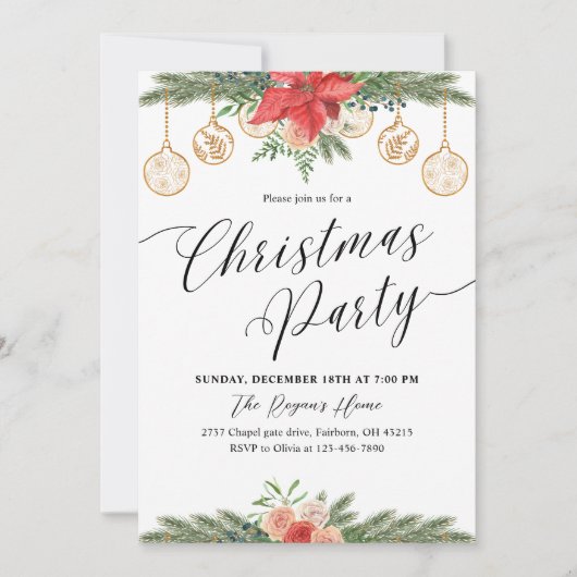 Watercolor Greenery Christmas Party  招待状 (正面)