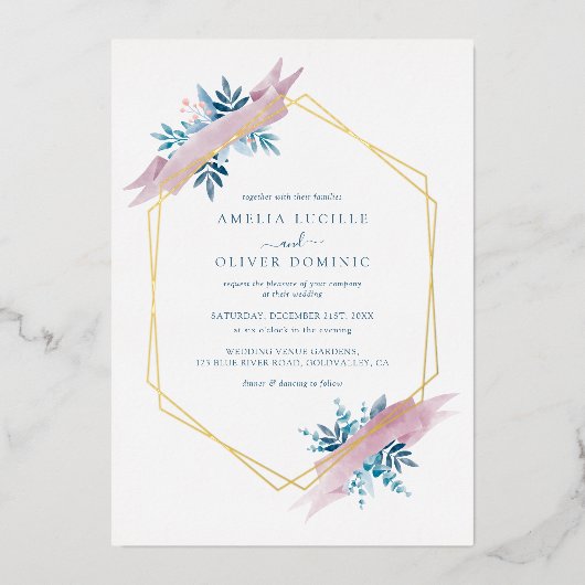 Watercolor Greenery Dusty Blue Wedding Gold 箔招待状 (正面)