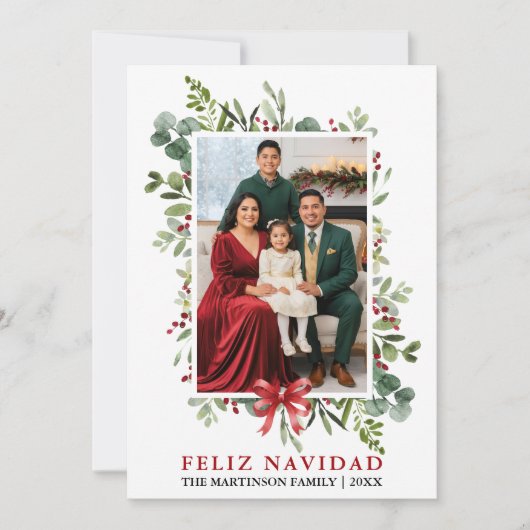 Watercolor Greenery Feliz Navidad Red Bow シーズンカード (正面)
