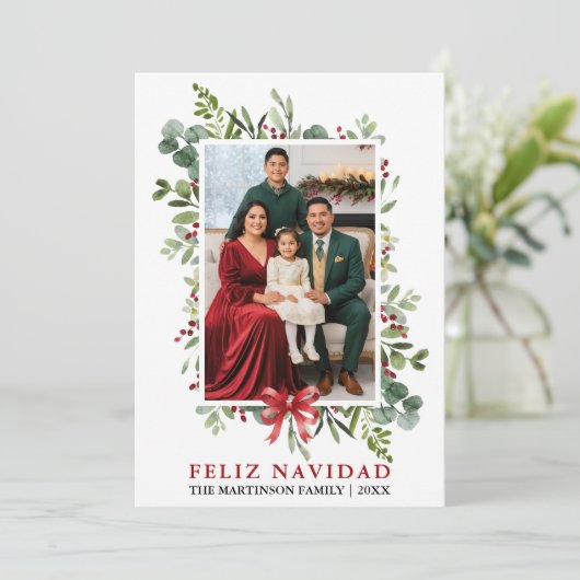 Watercolor Greenery Feliz Navidad Red Bow シーズンカード (スタンド正面)