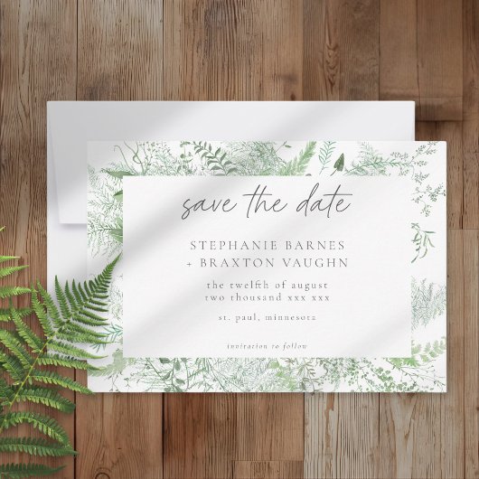 Watercolor Greenery Fern Rustic Wedding セーブザデート