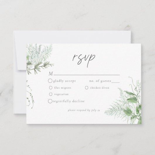Watercolor Greenery Fern Rustic Wedding 出欠カード (正面)