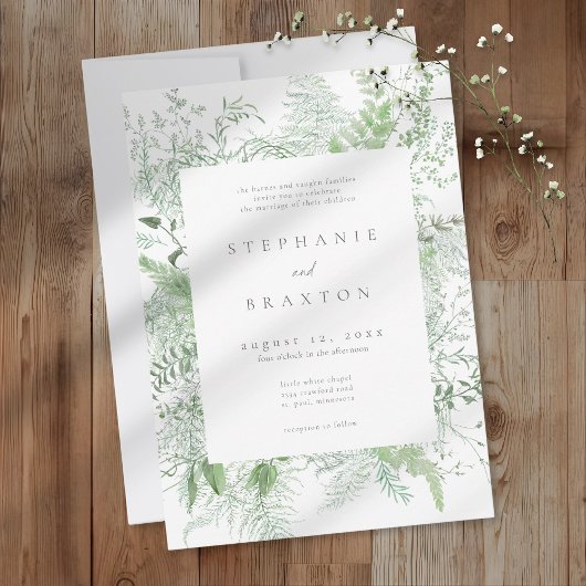 Watercolor Greenery Fern Rustic Wedding 招待状