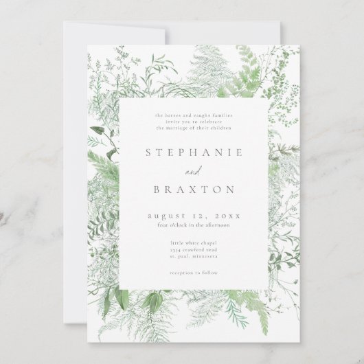 Watercolor Greenery Fern Rustic Wedding 招待状 (正面)