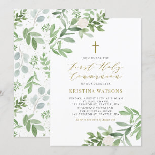 Watercolor Greenery Floral Gold First Communion 招待状