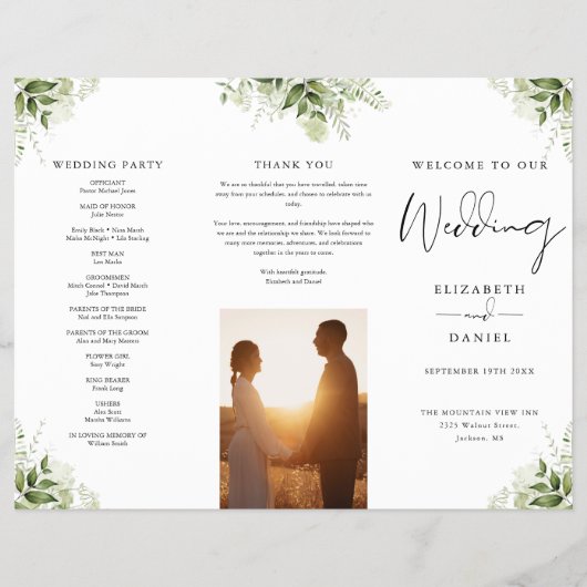 Watercolor Greenery Floral Trifold Wedding Program チラシ (正面)