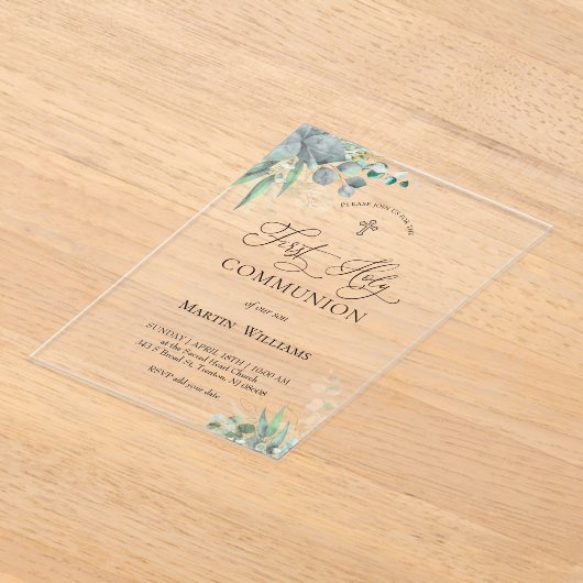 watercolor greenery foliage | First Communion  アクリル招待状 (レイダウン)