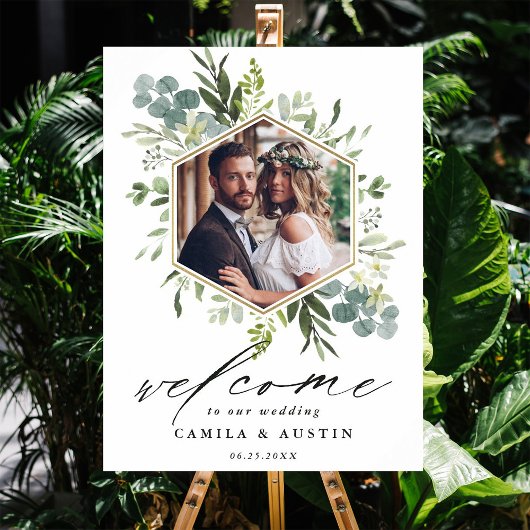 Watercolor Greenery Gold Hexagon Wedding Sign ポスター