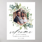 Watercolor Greenery Gold Hexagon Wedding Sign ポスター (正面)