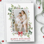 Watercolor Greenery Happy Holidays Red Bow シーズンカード