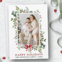 Watercolor Greenery Happy Holidays Red Bow シーズンカード