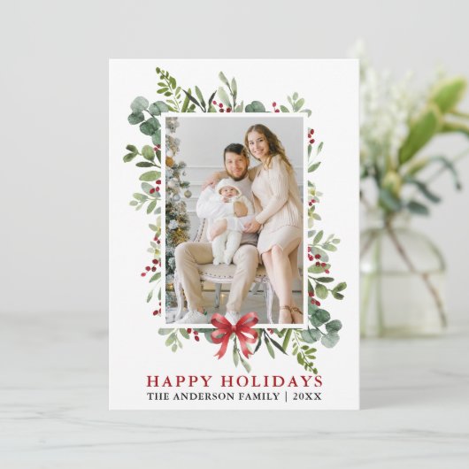 Watercolor Greenery Happy Holidays Red Bow シーズンカード (スタンド正面)