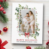 Watercolor Greenery Happy Holidays Red Bow ポストカード