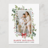 Watercolor Greenery Happy Holidays Red Bow ポストカード (正面)