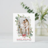 Watercolor Greenery Happy Holidays Red Bow ポストカード (スタンド正面)