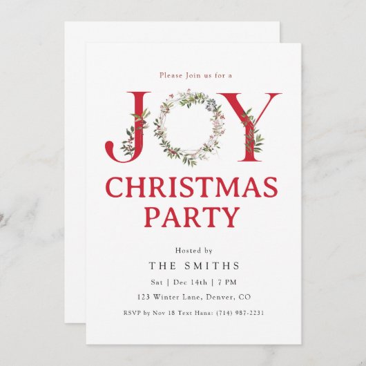 Watercolor Greenery JOY Christmas Party Invitation 招待状 (正面/裏面)