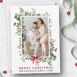 Watercolor Greenery Merry Christmas Red Bow シーズンカード