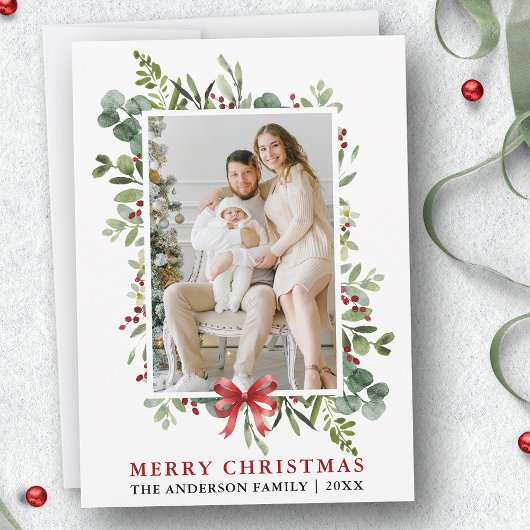 Watercolor Greenery Merry Christmas Red Bow シーズンカード