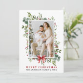 Watercolor Greenery Merry Christmas Red Bow シーズンカード (スタンド正面)