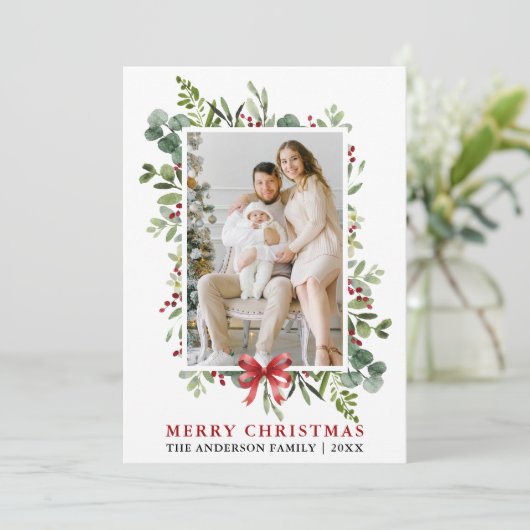 Watercolor Greenery Merry Christmas Red Bow シーズンカード (スタンド正面)
