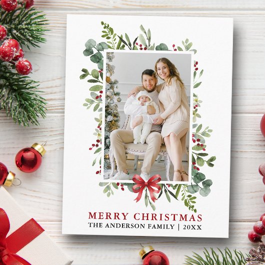 Watercolor Greenery Merry Christmas Red Bow ポストカード