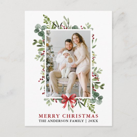 Watercolor Greenery Merry Christmas Red Bow ポストカード (正面)