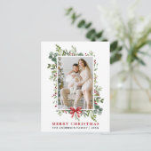 Watercolor Greenery Merry Christmas Red Bow ポストカード (スタンド正面)
