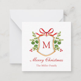 Watercolor Greenery Monogram crest Christmas ノートカード