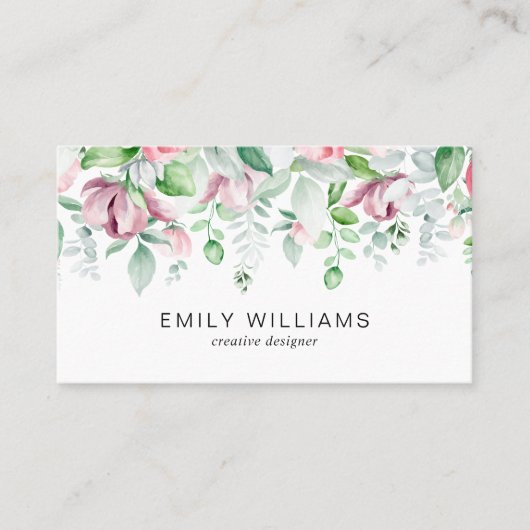 Watercolor Greenery Pink Flowers Business Card 名刺 (正面)