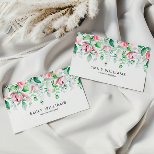 Watercolor Greenery Pink Flowers Business Card 名刺