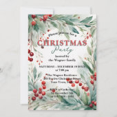 Watercolor Greenery & Red Berries Christmas Party  招待状 (正面)