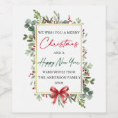 Watercolor Greenery Red Bow Christmas New Year ワインラベル (シングルラベル)