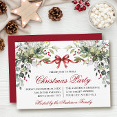Watercolor Greenery Red Bow Christmas Party 招待状