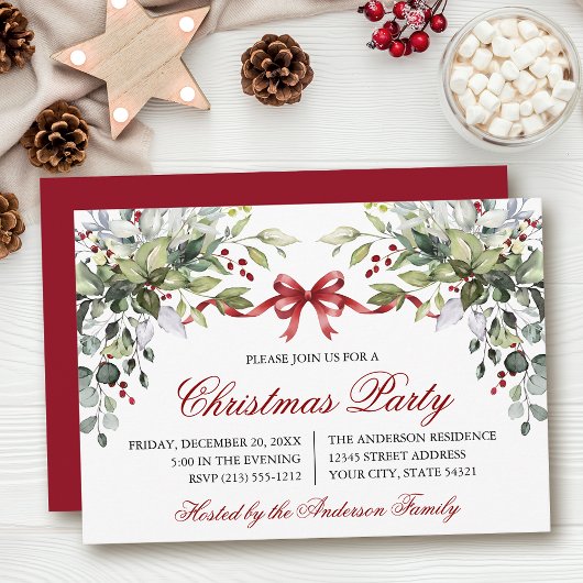 Watercolor Greenery Red Bow Christmas Party 招待状