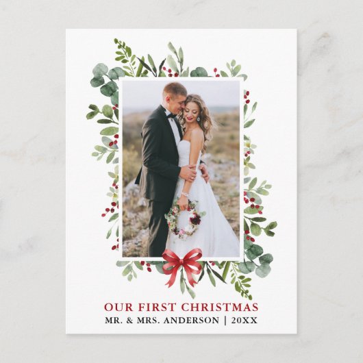 Watercolor Greenery Red Bow First Christmas ポストカード (正面)