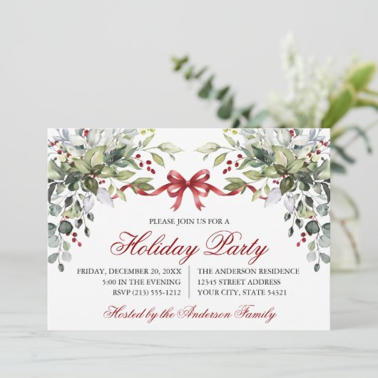 Watercolor Greenery Red Bow Holiday Party 招待状 (スタンド正面)