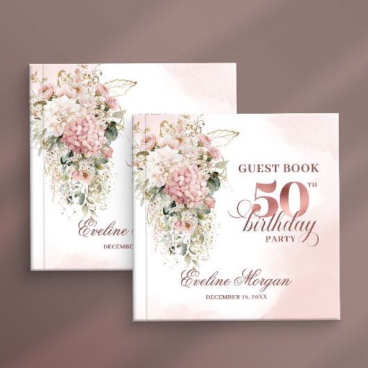 Watercolor Greenery Rose Gold 50th Birthday Sign ゲストブック
