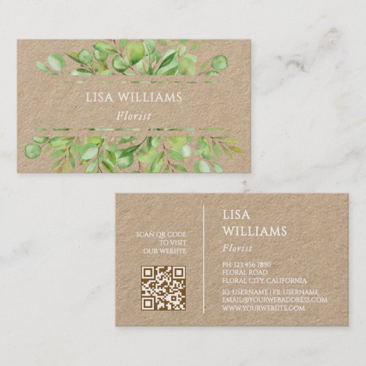 Watercolor Greenery Rustic  | QR Code 名刺 (正面/裏面)